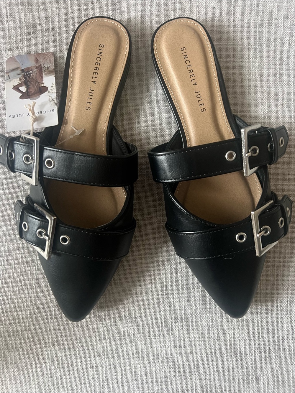 Sincerly Jules Black Pointed Buckle Slide Mules, women’s size 6.5, new with tags